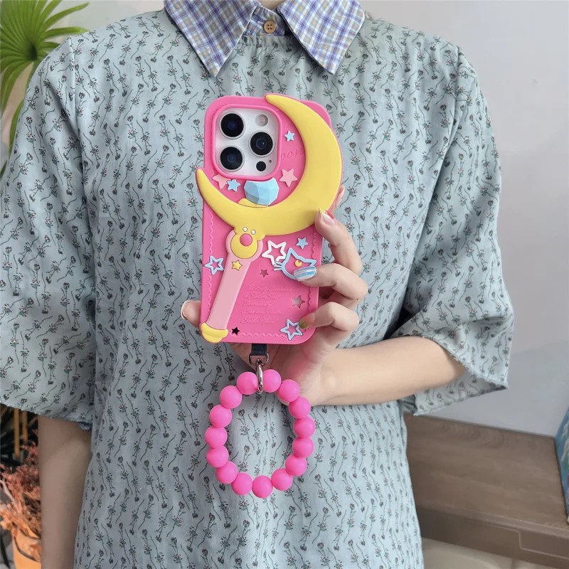 

Barbie Pink Ancient Star Moon Stick Silicone Phone Case Compatible withiPhone 16pro，Unique High-End Niche Style for Young Girls