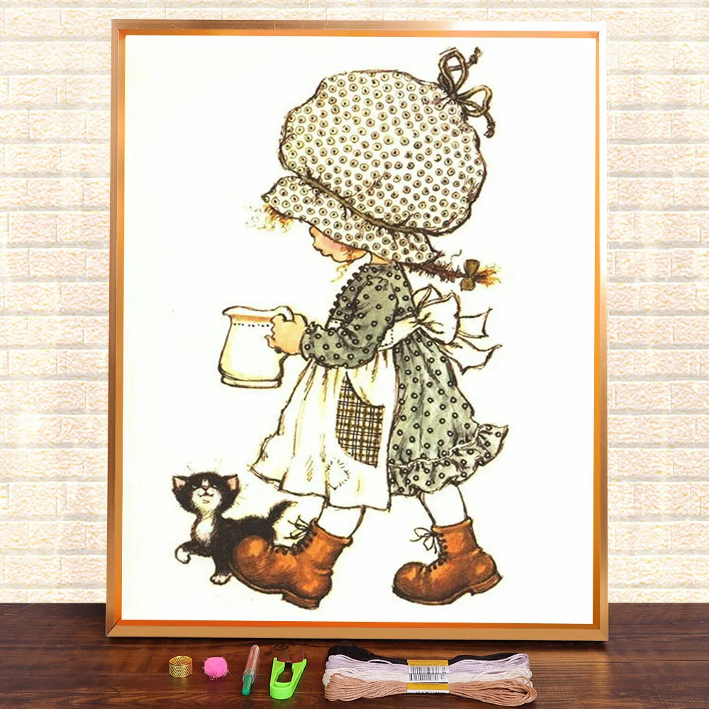 Spring Outing Little Girl Pre-Printed 11CT Cross Stitch DIY Embroidery Set DMC Threads Craft Handicraft Hobby Sewing   Package