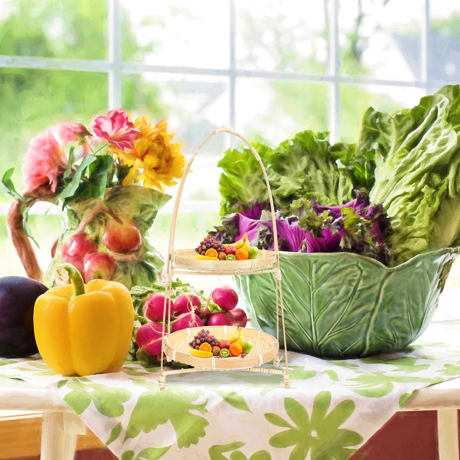 

1Pcs Double-Layer Pastoral Style Fruit Basket Bamboo Woven Multi-Function Storage Tray for Kitchen Household Use