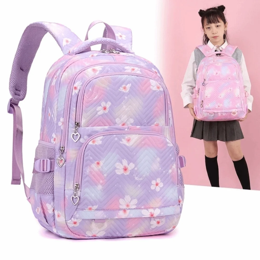 花柄プリント子供用バックパック-多ポケット-韓国風-ショルダーバッグ-ナイロン製-大容量-学生用スクールバッグ