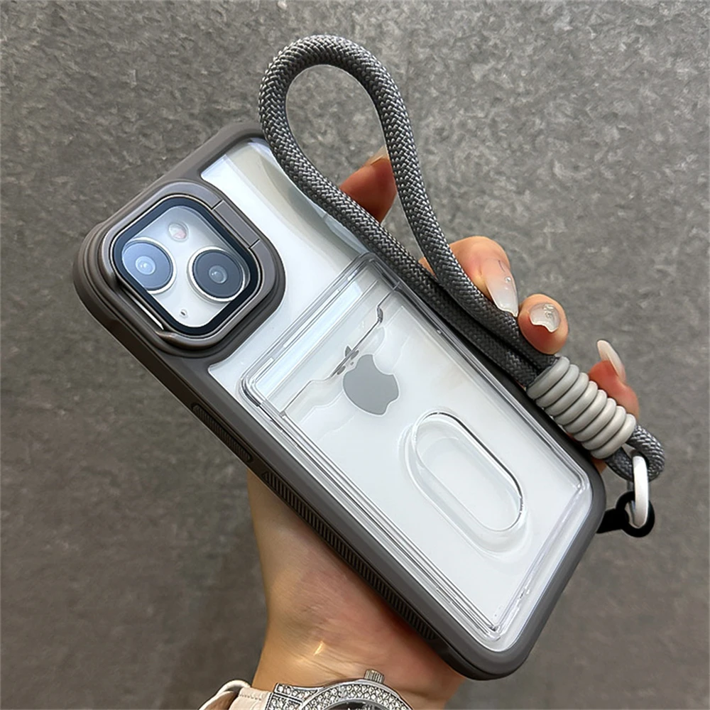 Acrylic Card Holder Clear Phone Case for iPhone 16 15 14 13 12 11 Pro Max Plus Hand Strap Camera Stand Bracket Shockproof Cover