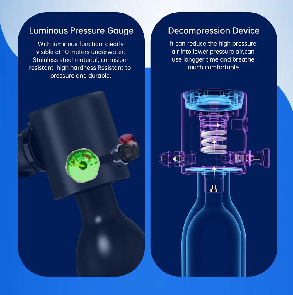 DEDEPU Mini Oxygen Bottle Breathing Valve Head, Underwater Breather with Switch,Diving Pressure Gauge