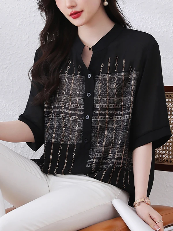 

Summer High-End Versatile Belly- Concealing Print Loose Faionable Slimming Women's T-irt Commute Sle Diamond Embellied