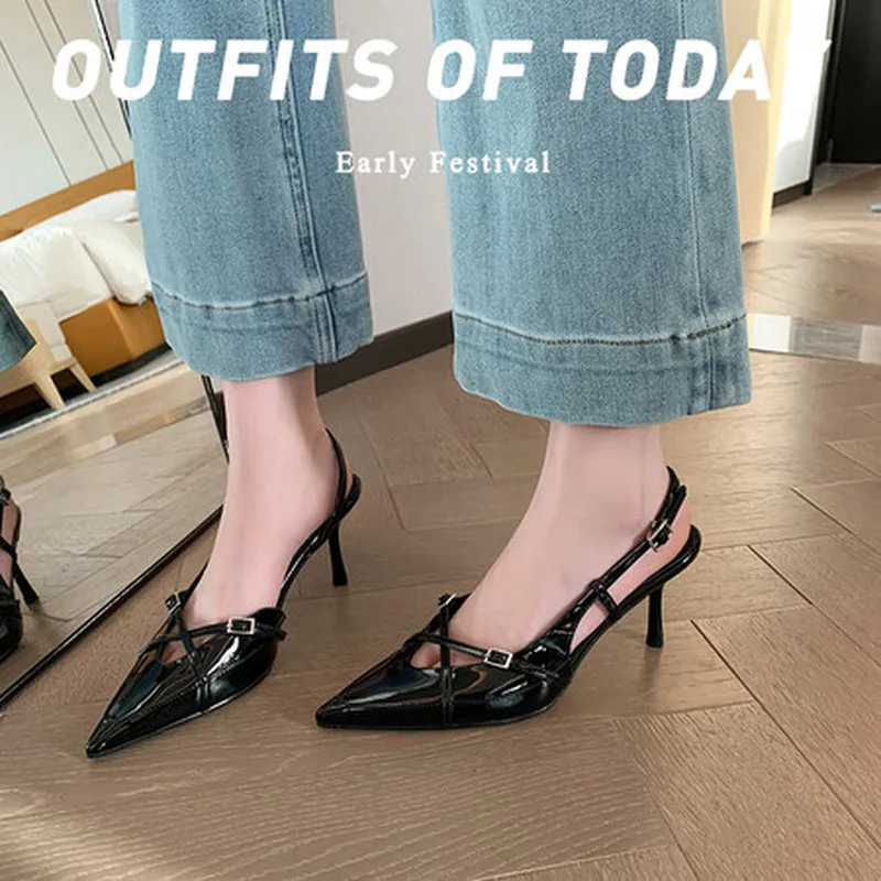 Women Denim Sheep Leather Slingback Pumps Pointed Toe Cross Buckle Thin Stiletto Heel Sheep Lining Summer Sandals F127 view 5