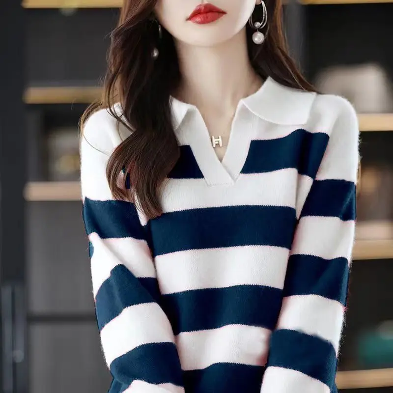 Autumn Winter Women\'s Knitted Striped Casual Sweaters Long Sleeve V-Neck Pullover Loose Korean All-match Fashion Female Jumpers