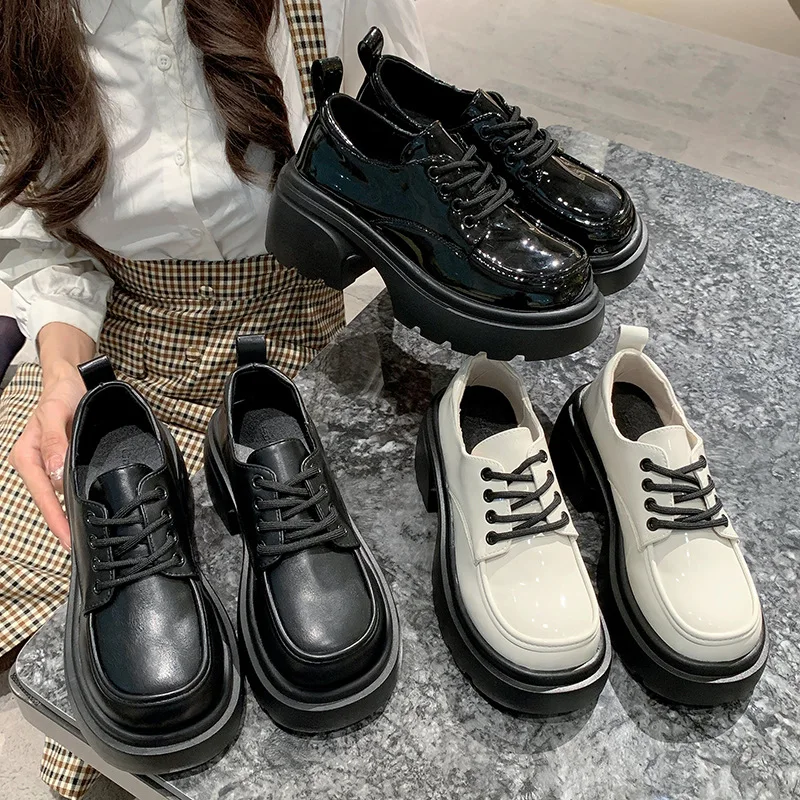 

British Style Leather Shoes Women 2025 Spring New Japanese Style jk Round Toe Black Thick Sole Thick High Heel Loafers