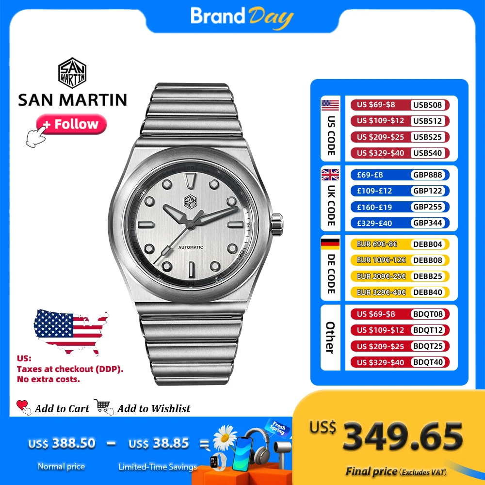 

San Martin SN0149 40mm Men Sport Watch Miyota 90S5 Automatic Integrated Bracelet Luxury Vertical Brushed Dial Mechanical Watches