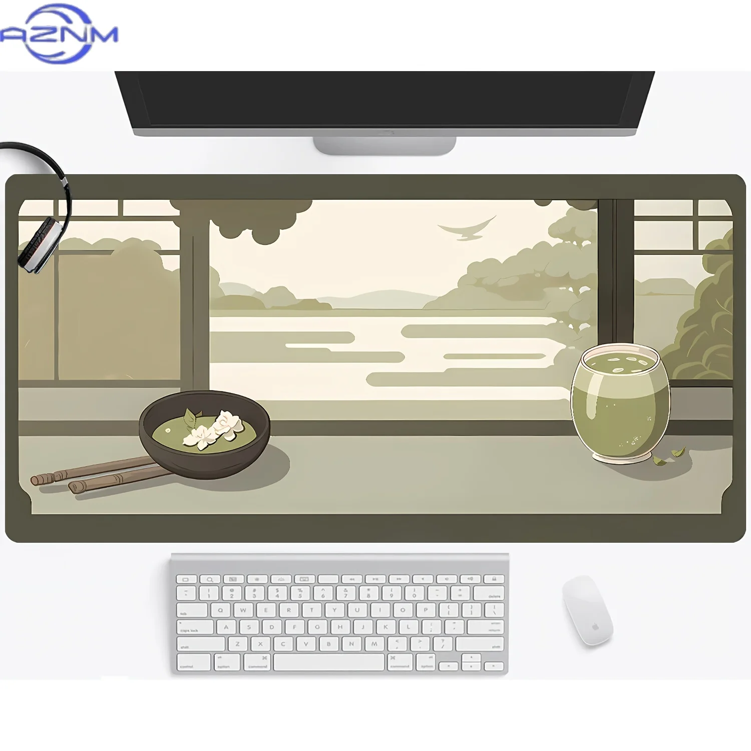 1pc Large Japanese View Matcha Gaming Mouse Pad - Smooth Keyboard Mat with Stitched Edges, Non-Slip Rubber Base, Serene Matcha &