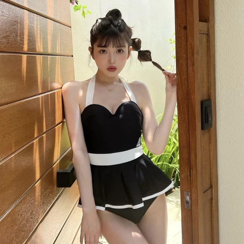 2024 Solid Women\'s Sexy High Waist Tight Backless Halter One-piece Swimsuit Fashion Black Monokini Skirt Tankini Style Swimwears