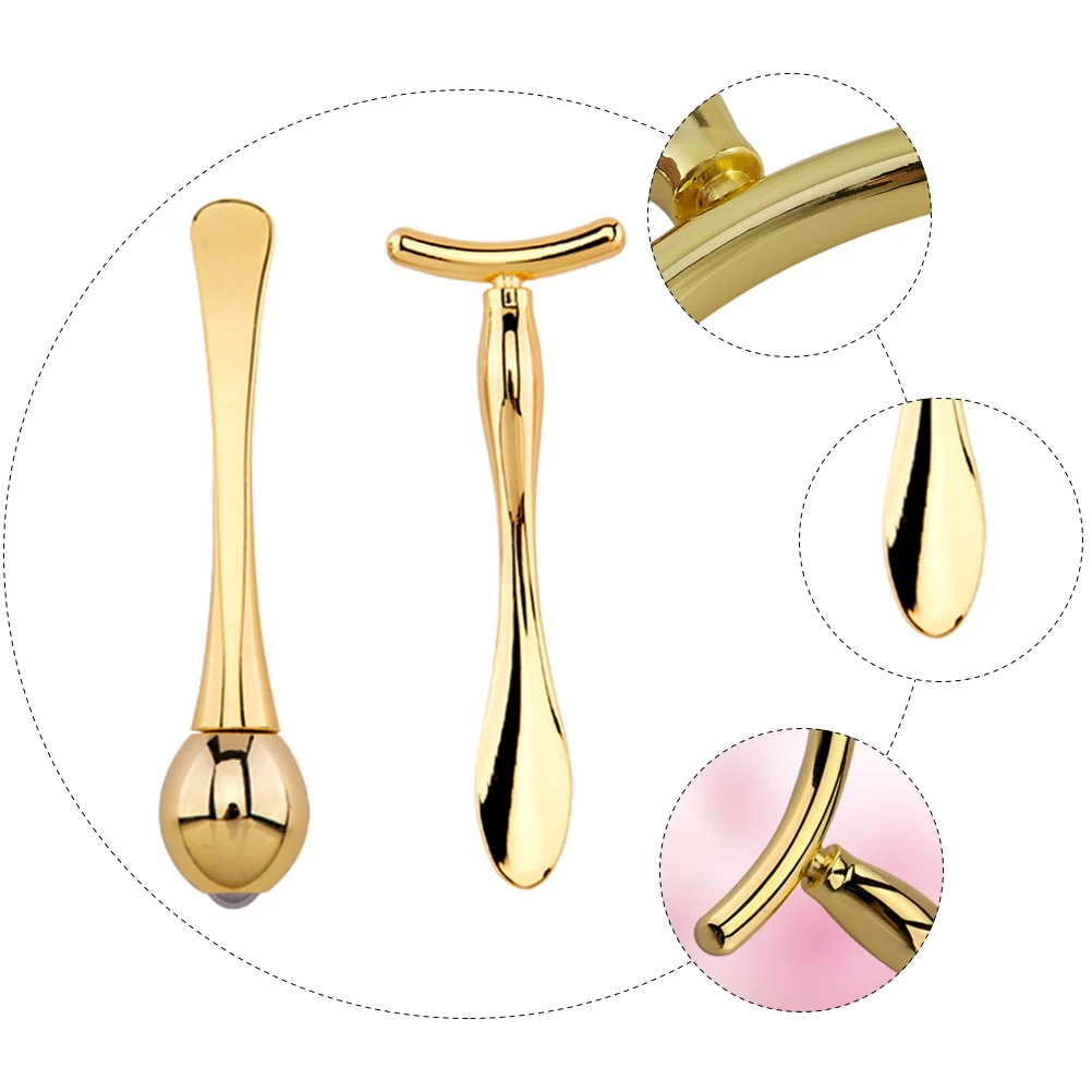 1セット アイマッサージローラー ダブルシェイプ フェイシャルマスクスプーン スキンケア用 ポータブル美容ツール メタルエッセンスバー フェイスマッサージ