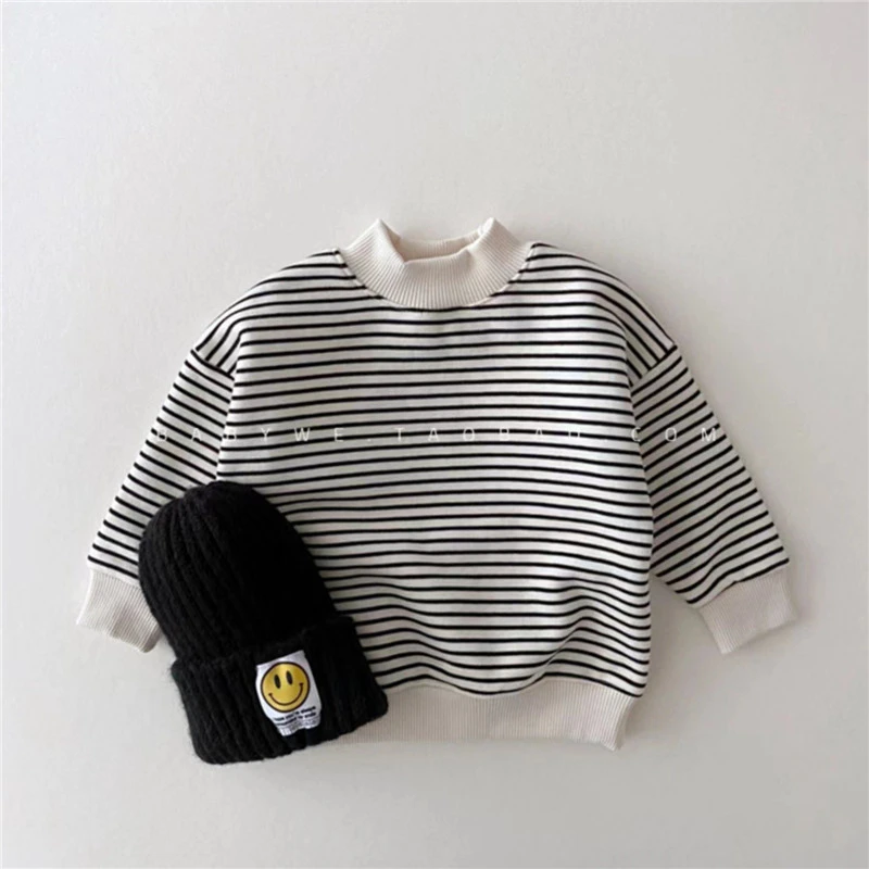 

2025 Autumn New Boys Girls Casual Striped Sweatshirt Children Warm Fleece Tops Baby Plus Velvet Thick Sweatshirt Kids Clothes