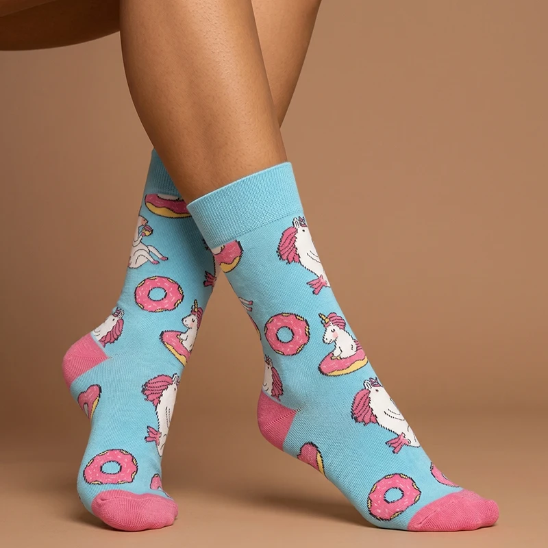 1 Pair, Unisex, Bright Orange Bottom with Fruit and Hedgehog Pattern, Solid Color Ribbed Cuff, Polyester, Breathable, Fun, Mid-Calf Socks, Suitable for Everyday Wear