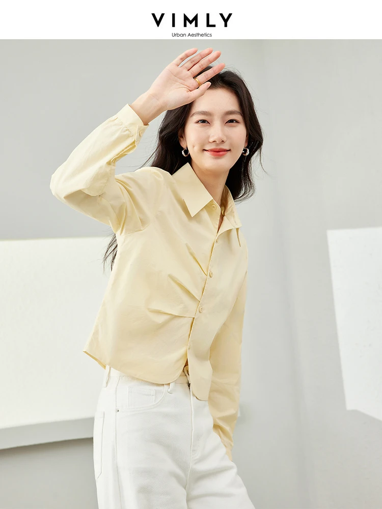 Vimly Cotton 100% Cropped Shirts for Woman 2024 Spring Long Sleeve Tops Women Fold Button Down Casual Shirts & Blouse M5870