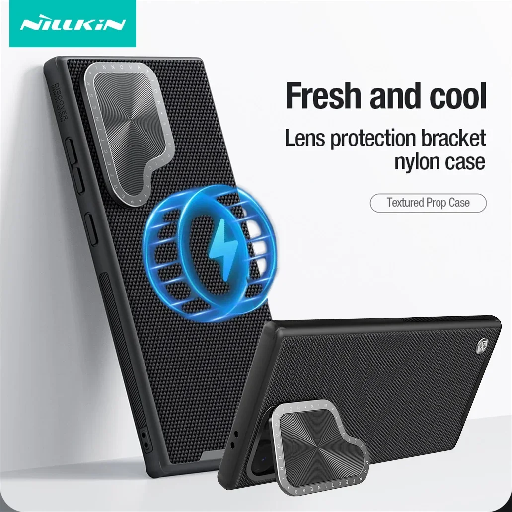 NILLKIN for Samsung Galaxy S24 Ultra MagSafe Case Magnetic Charging Textured Nylon Fiber Camera Stand Cover for Samsung S24Ultra