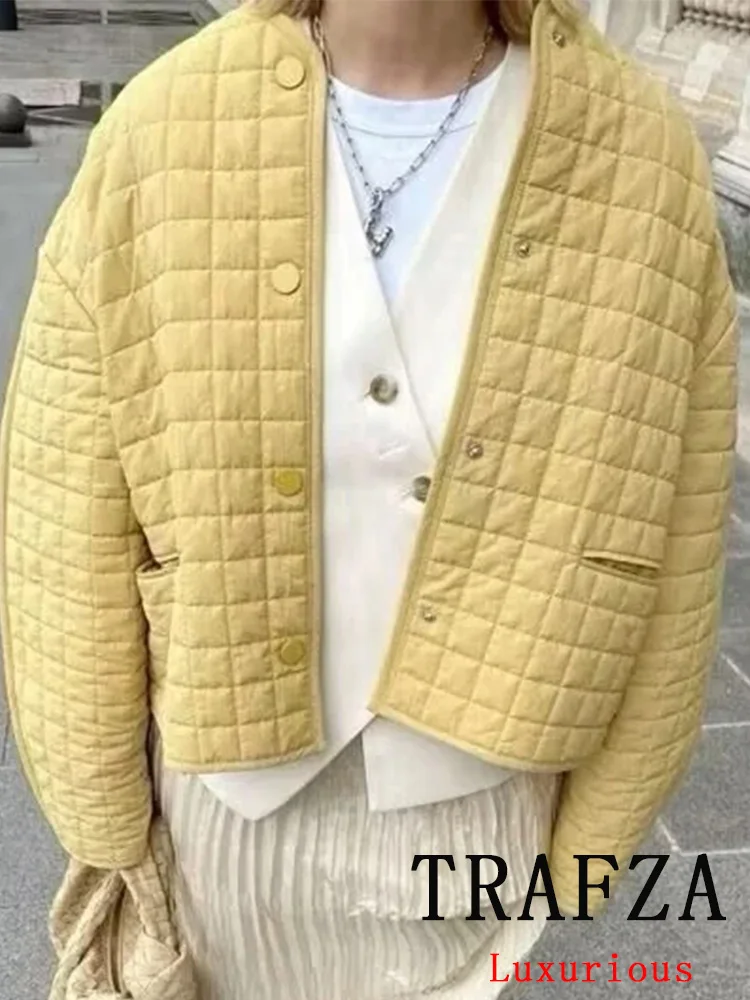 

TRAFZA Casual Chic Women Solid Coat O-Neck Covered Button Pockets Thick Jackets Fashion 2025 Autumn Winter Loose Female Coats