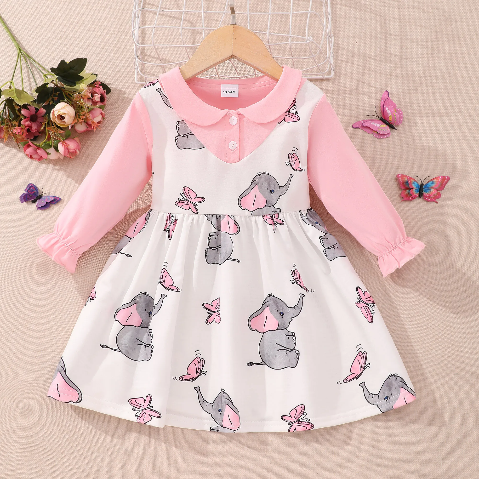 2024 Spring and Autumn Children's Wear Girls Long Sleeve Polo Neck Elephant Print Dress Cotton Casual Cute Skirt 3 4 5 Years