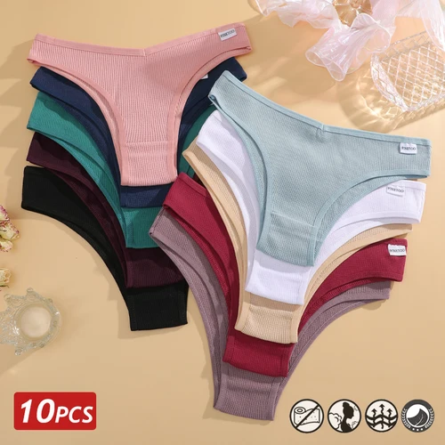 10 unids/set de bragas de algodón tipo gofre para mujer, bragas brasileñas sexis de cintura baja, ropa interior suave para mujer, Bikini de lencería sólida con espalda en T