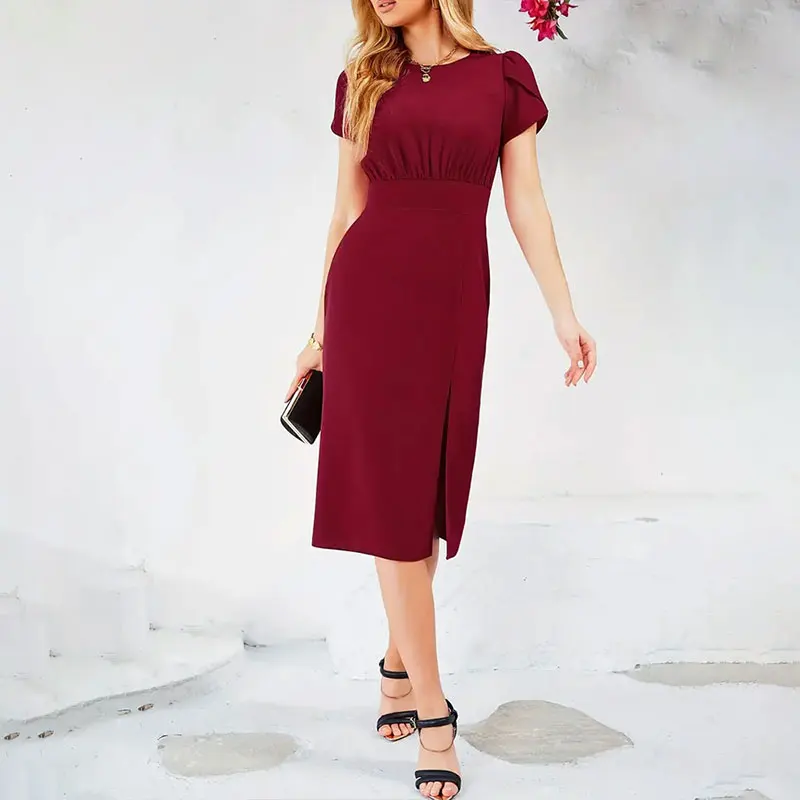 Y.KUKU 2024 Women Dresses Vestidos Office Fashion Slim Fit New Plus Size Short Sleeve Slit Casual Long Summer Dress Woman