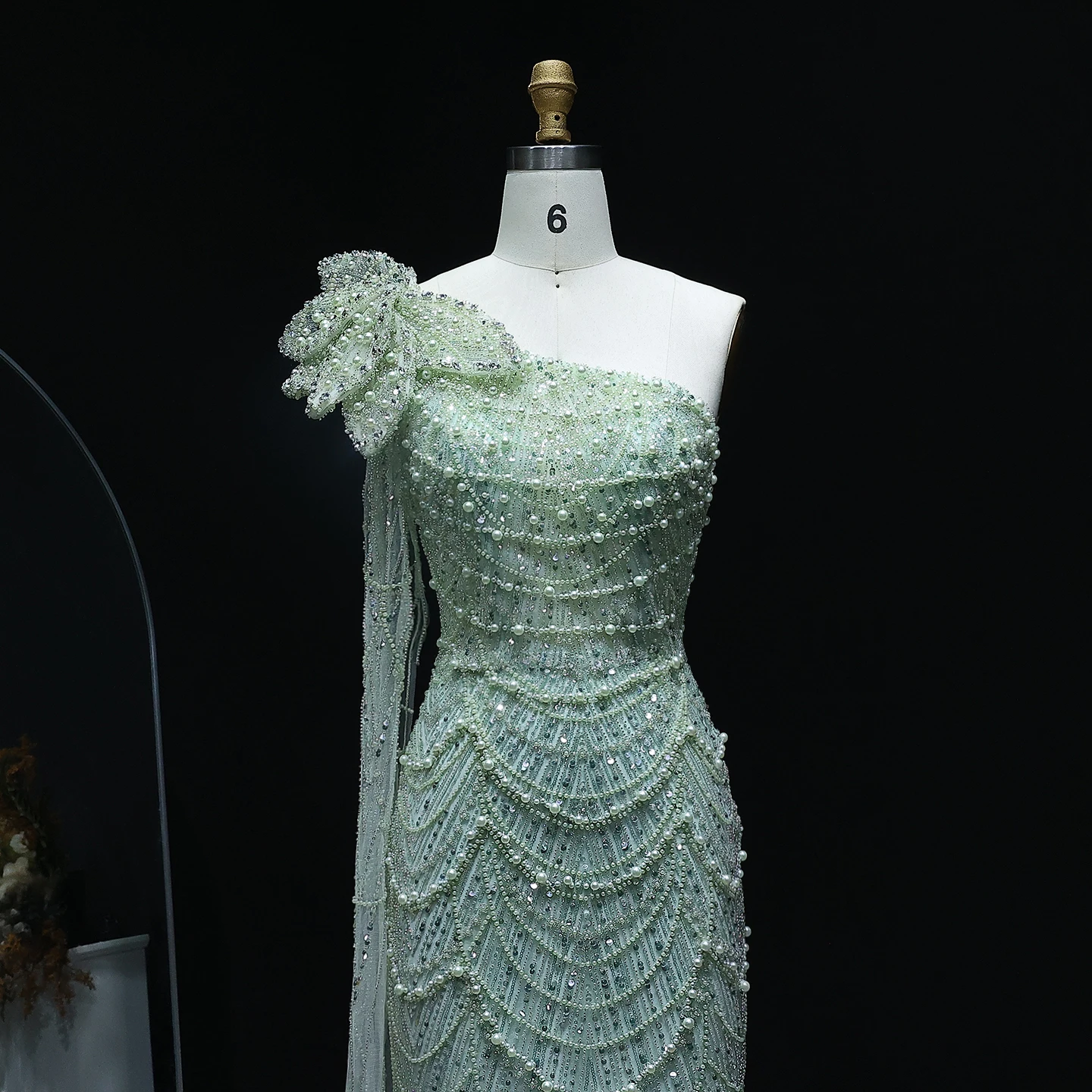 Sharon Said Luxury Pearls Sage Green One Shoulder Evenng Dress Cape Sleeves 3D Flower Women Wedding Party Gowns SS688 Customized image 4