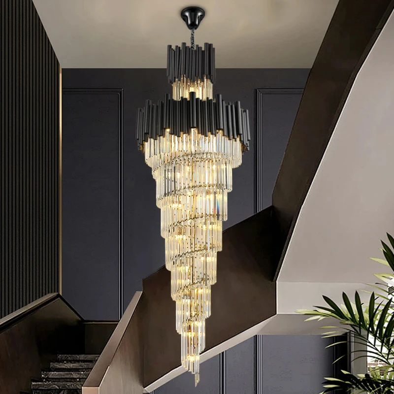 Imagem -04 - Modern Black Staircase Chandelier Luxury Crystal Home Decor Pendurado Lâmpada Led Grandes Luminárias Escada Redonda Lustre