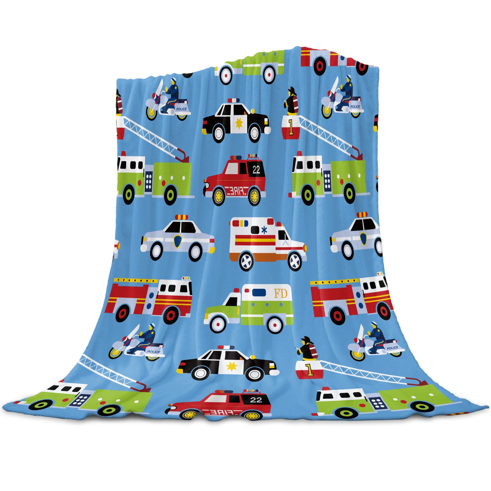 Cartoon Fire Truck Ambulance Police Car Printed Throw Blanket Flannel Fleece Blankets for Sofa Couch Bed Bedroom Bedspread