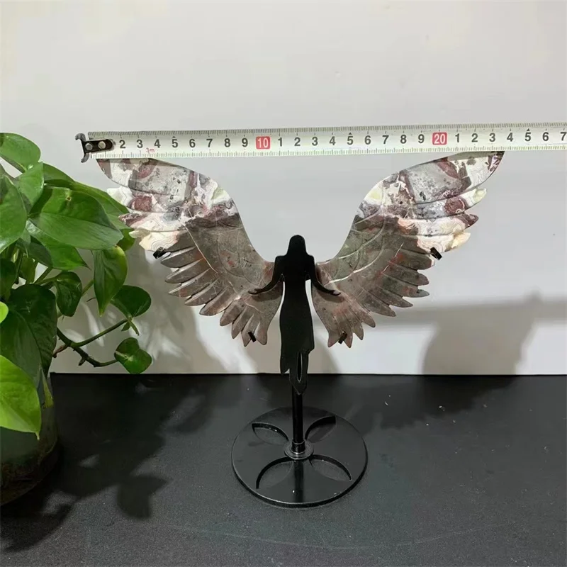 Natural Gemstone Craving Crystal Wings, Moss Agate on Stand, Bracket for Decoration