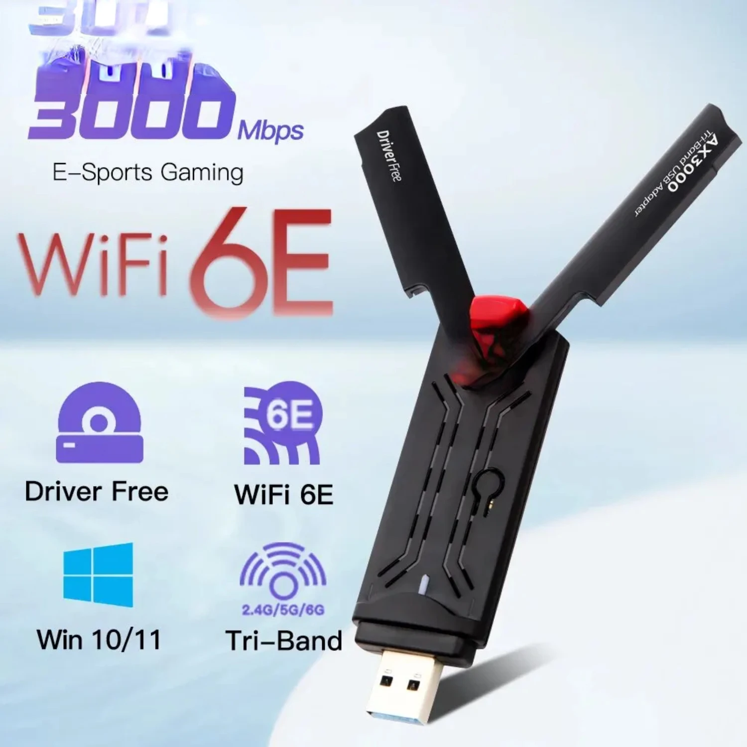 WiFi 6E Adapter AX3000 USB 3.0 Triple Band Wireless Card Wi-Fi6E Receiver  PC/Laptop  Windows 10/11 Driver Free