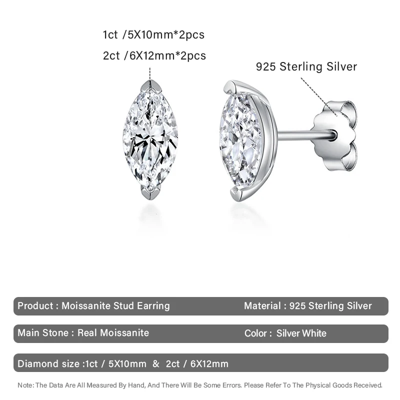 Trendy Horse Eyes Cut Moissanite Diamond Stud Earrings for Women 1-2ct D Color with Certificate 925 Sterling Silver Fine Jewelry