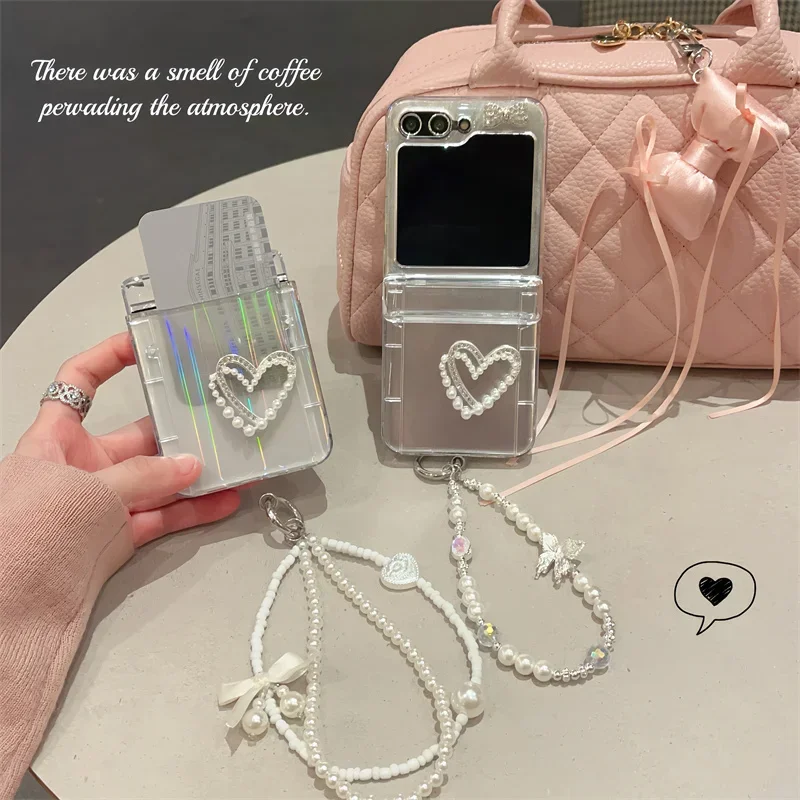 3D Love Heart Feather Yarn Cards Bracelet Phone Case For Samsung Galaxy Z Flip 6 5 4 3 Insert Cards Clear Cover