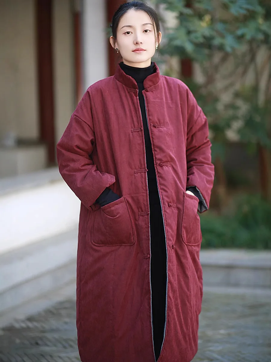 Vintage Harajuku 100% Cotton Coat Women Warm Autumn Winter Clothes Long Parkas Single-breasted Pockets Stand-up Collar Jackets