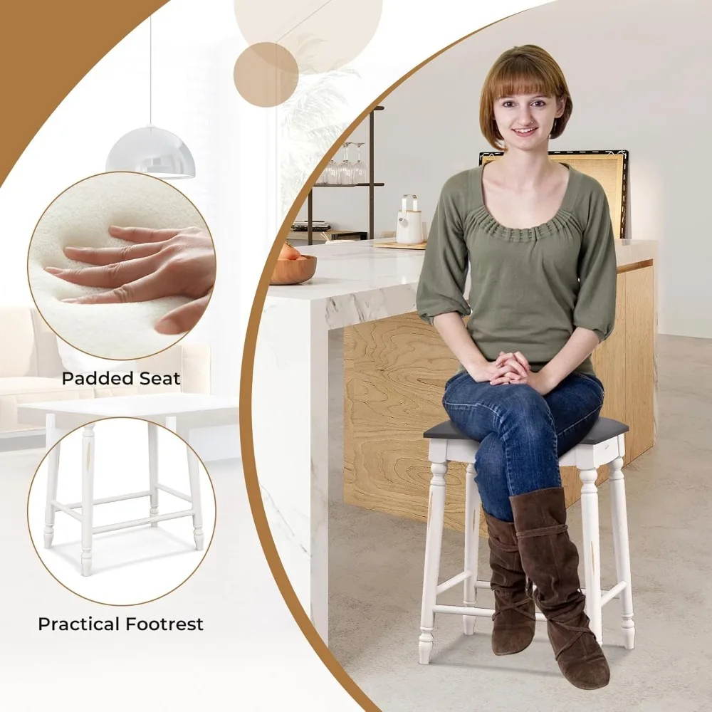 مجموعة مقاعد بار منجدة مكونة من 2، مقاعد طعام بارتفاع عداد بدون ظهر مقاس 24 بوصة مع نحت خشبي رقيق، مسند للقدمين، سول #6