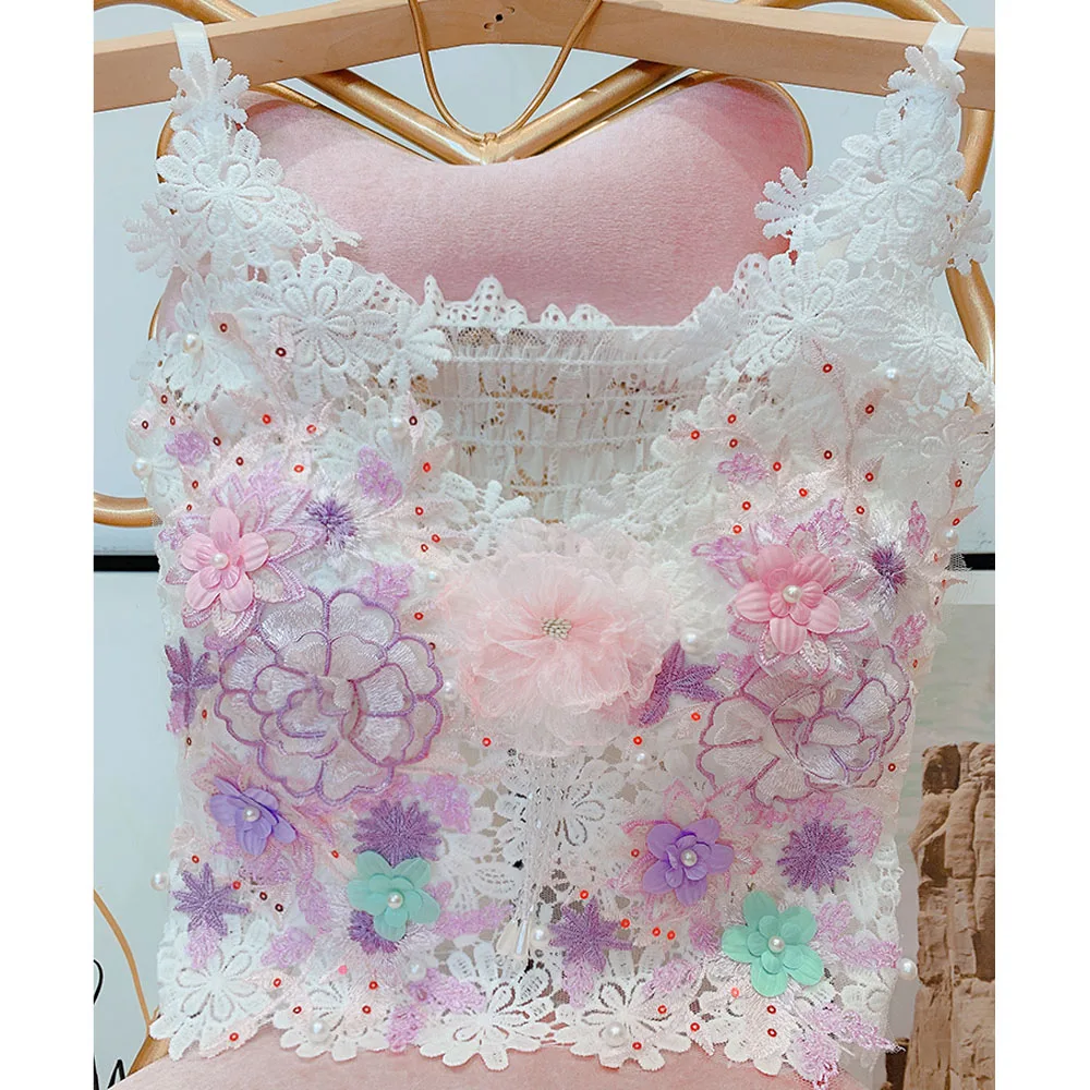 Lace Crop Tops Women Summer New Sweet Tridimensional Flower Lace Vest Sexy V-neck Sleeveless Top Korean Fashion Clothing