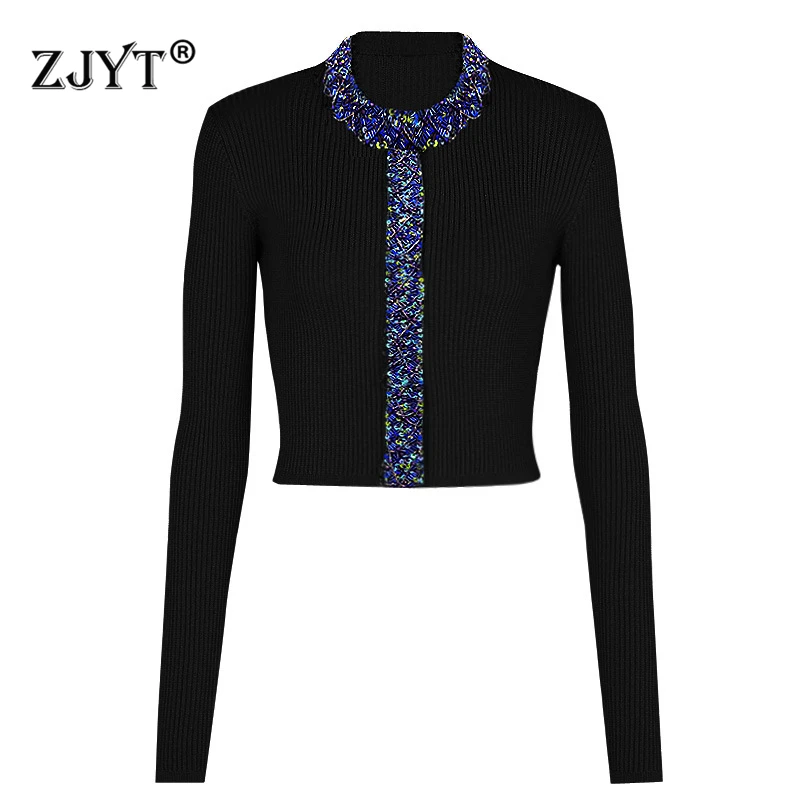 

ZJYT Women's Long Sleeve Cardigan Sweaters Luxury Beading Knitting Tops Female Europe Fashion O Neck Knitwears Jersey Mujer 2024