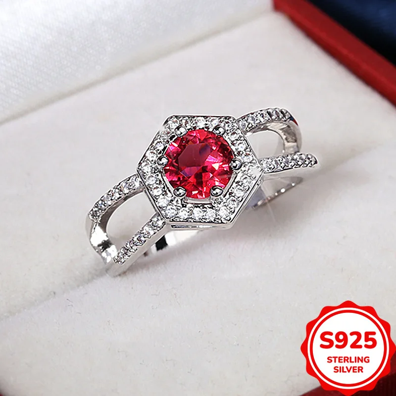 Fashionable and Versatile Genuine S925 Silver Geometric Hexagon Pigeon Blood Red Ring with Elegant Temperament