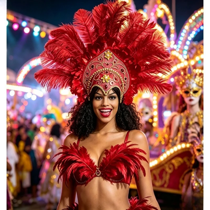 Rhinestone Embellished Carnival Hat, Ostrich Feather Fan Shape Headdress, Embroidered Gold Foil Cap for Samba Parade Mardi Gras