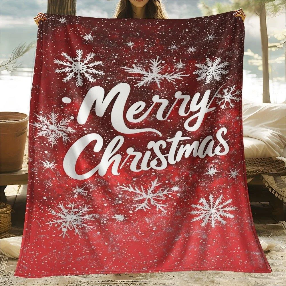Red Background Snowflake Merry Christmas Festive Flannel Blanket For Holiday Season Cozy Plush Throw Blanket Gift