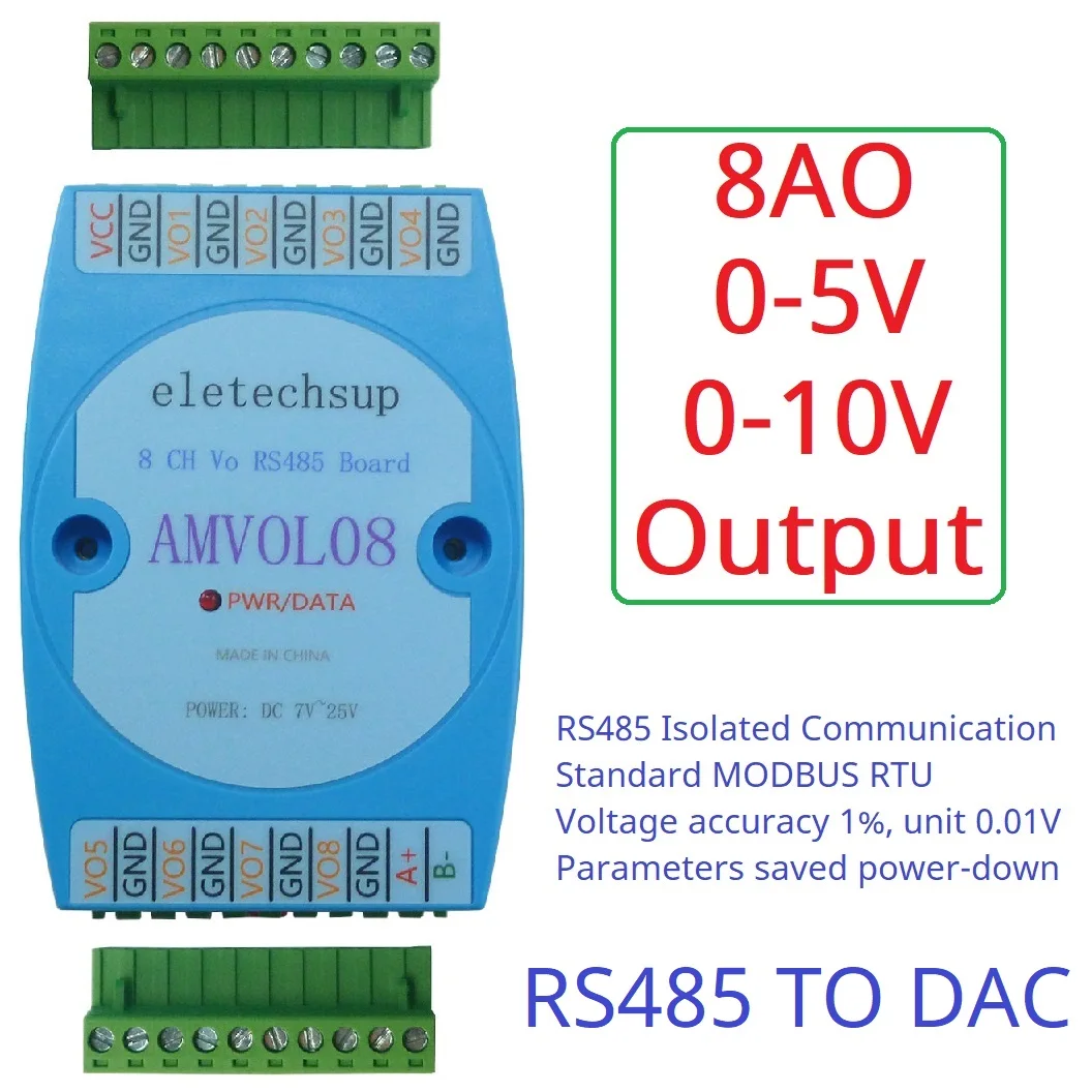 AMVOL08 8 Channel Analog Output 0-10V 0-5V AO Module RS485 Modbus RTU To Voltage PLC Remote IO Expansion Board