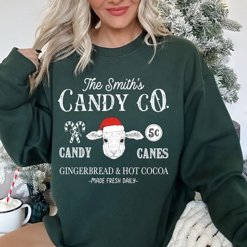 

Рождественский осенне-зимний свитшот с овцами на заказ, Санта-Клаус, фермерские животные, ретро, фермерский дом, конфеты, трость, рождественские подарки, пуловер для взрослых