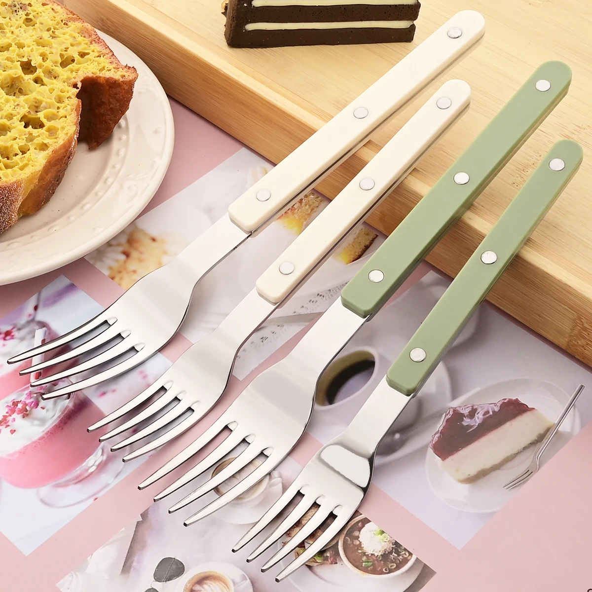4pcs Acrylic Clip Stainless Steel Handle Fork Set Mirror Dinner Fork Tableware Western Dessert Cake Fruit Fork Kitchen Cutlery