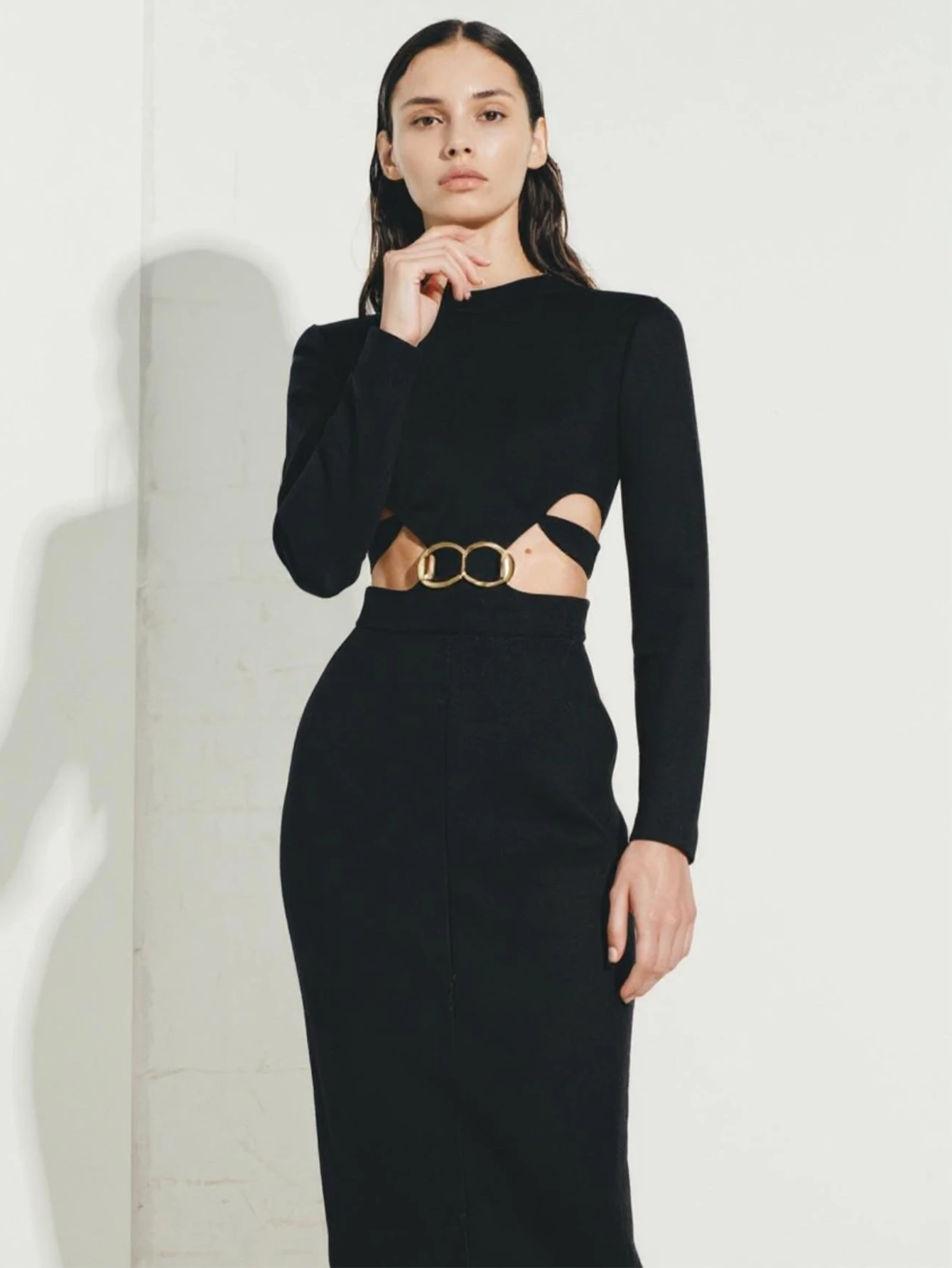 Damska sukienka codzienna, jednolita, z długim rękawem, okrągły dekolt, jesienno-zimowa, z wycięciami, długa, kopertowa, dla modnych kobiet.