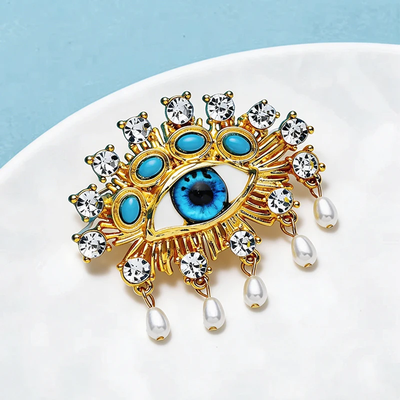 Wuli&baby Charming Blue Eye Brooches For Women Unisex Rhinestone Pearl Eyes Party Office Brooches Pins Gifts