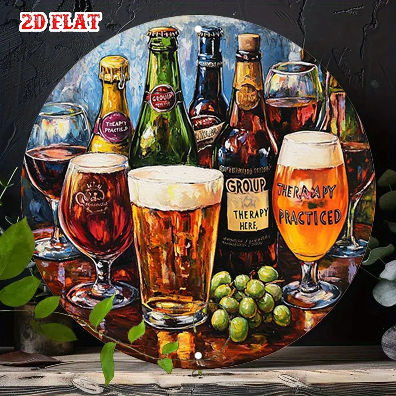 Placa Redonda de Alumínio Vintage com a inscrição 'Grupo Relaxou Aqui' - Decoração Rústica com Garrafas de Cerveja e Taças de Vinho, Placa Decorativa