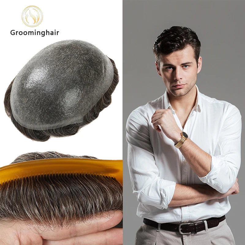 Super Waarde 130% Dichtheid Toupetje Haar Mannen Indian Menselijk Haar 0.06-0.08MM Dikte Huid mannen capillaire Prothese Haar Pruik Mannelijke 