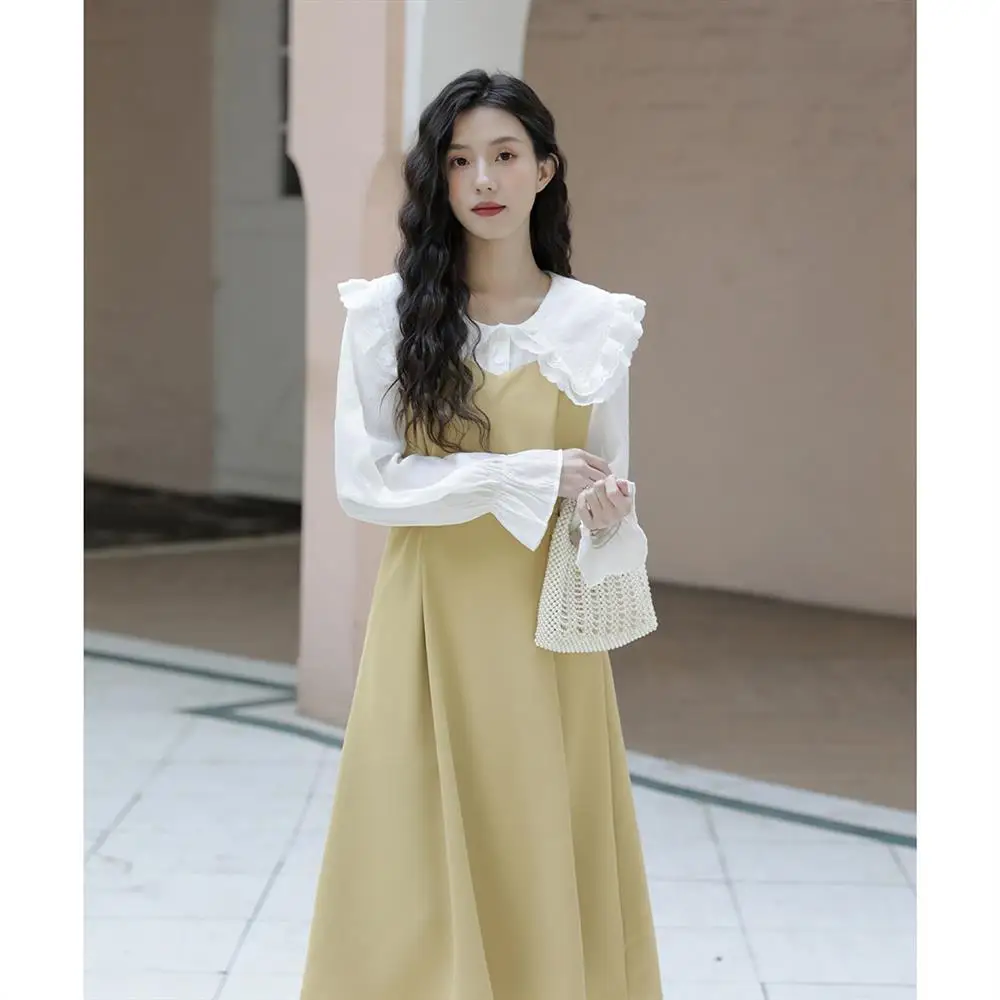 

2024 New Dress Flip Neck Design Sweet And Elegant Fake Two Piece Waistband Fashion Long Sleeved Long Skirt