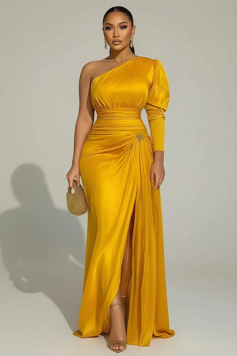 

Plus Size Formal One Shoulder Evening Dress for Women Solid Split Hem Satin Cocktail Wedding Guest Party Maxi Dress 2026