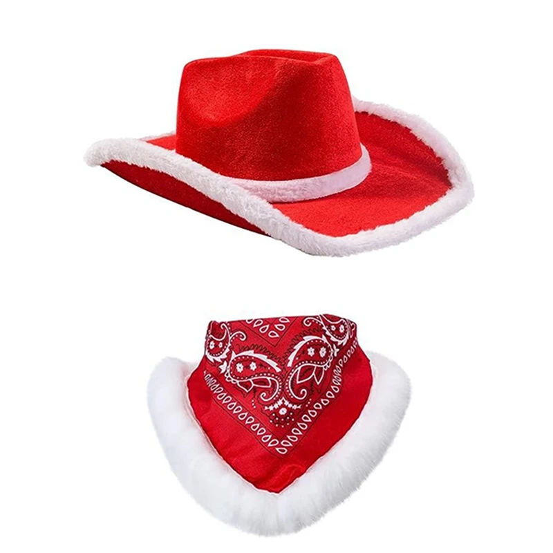 Christmas Cowboy Hat and Scarf Sequined Santa Wide Brim Hat for Adults Wedding Carnival Rave Party Costume Accessories