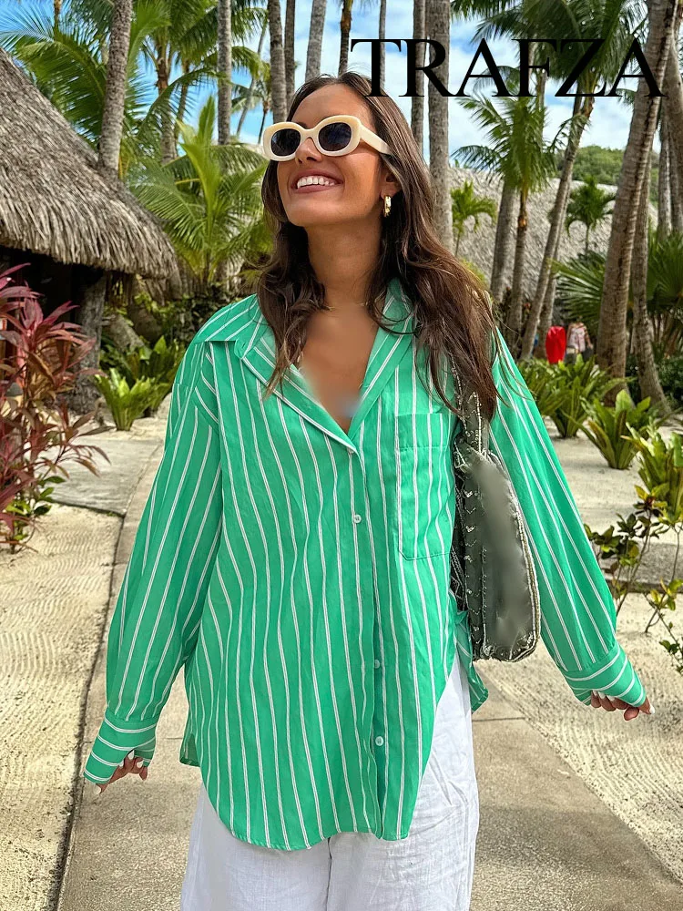 

TRAFZA Women Summer Fashion Blouse Striped Turn-Down Collar Long-sleeved Pockets Single-breasted Woman Blouse Streetwear Mujer