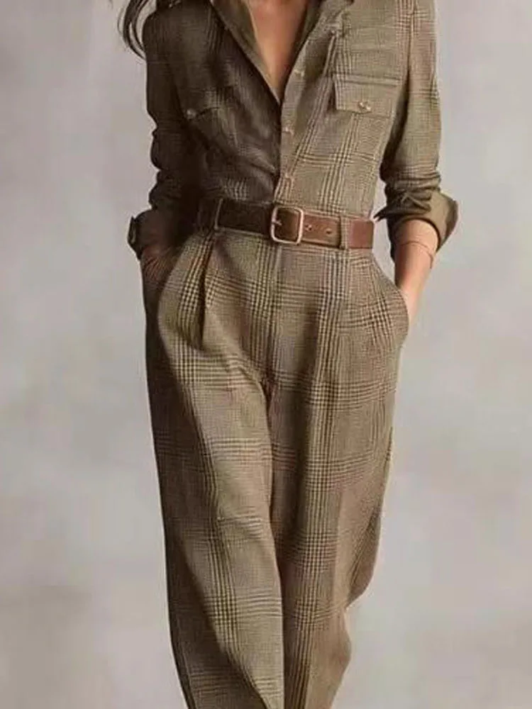 

Элегантный свободный комбинезон с лацканами и пуговицами, повседневная рубашка с длинными рукавами и карманами, комбинезон, женский модный длинный комбинезон с клетчатым принтом