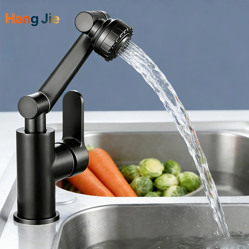 Household Bathroom Extended Stainless Steel Basin Faucet, Multi-angle Rotatable, Single Handle, Hot & Cold Water