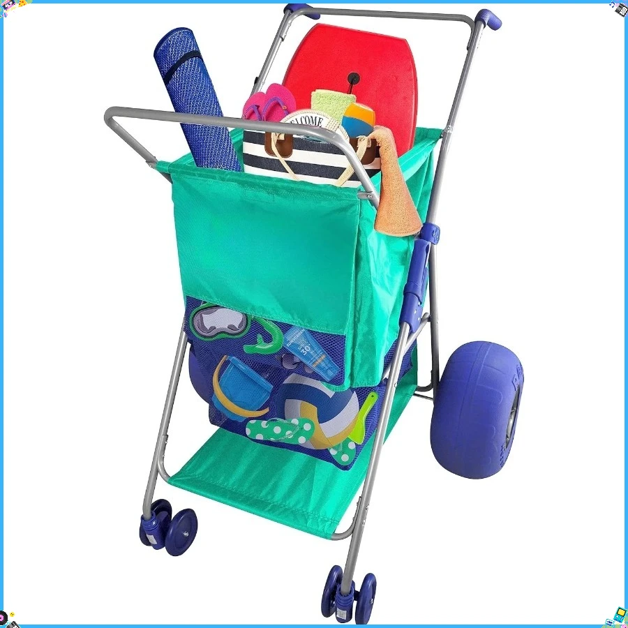 عربة شاطئ كبيرة بعجلة بالون، عربة تخزين قابلة للطي بإطارات الشاطئ مقاس 13 بوصة لسهولة نقل العتاد، تتضمن مضخة، إسفنج البحر الأخضر